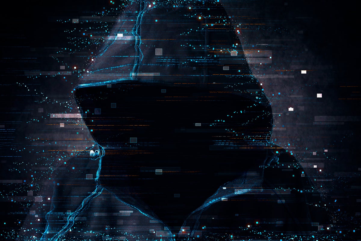 An anonymous hooded figure surrounded by an abstract network of connections and data.